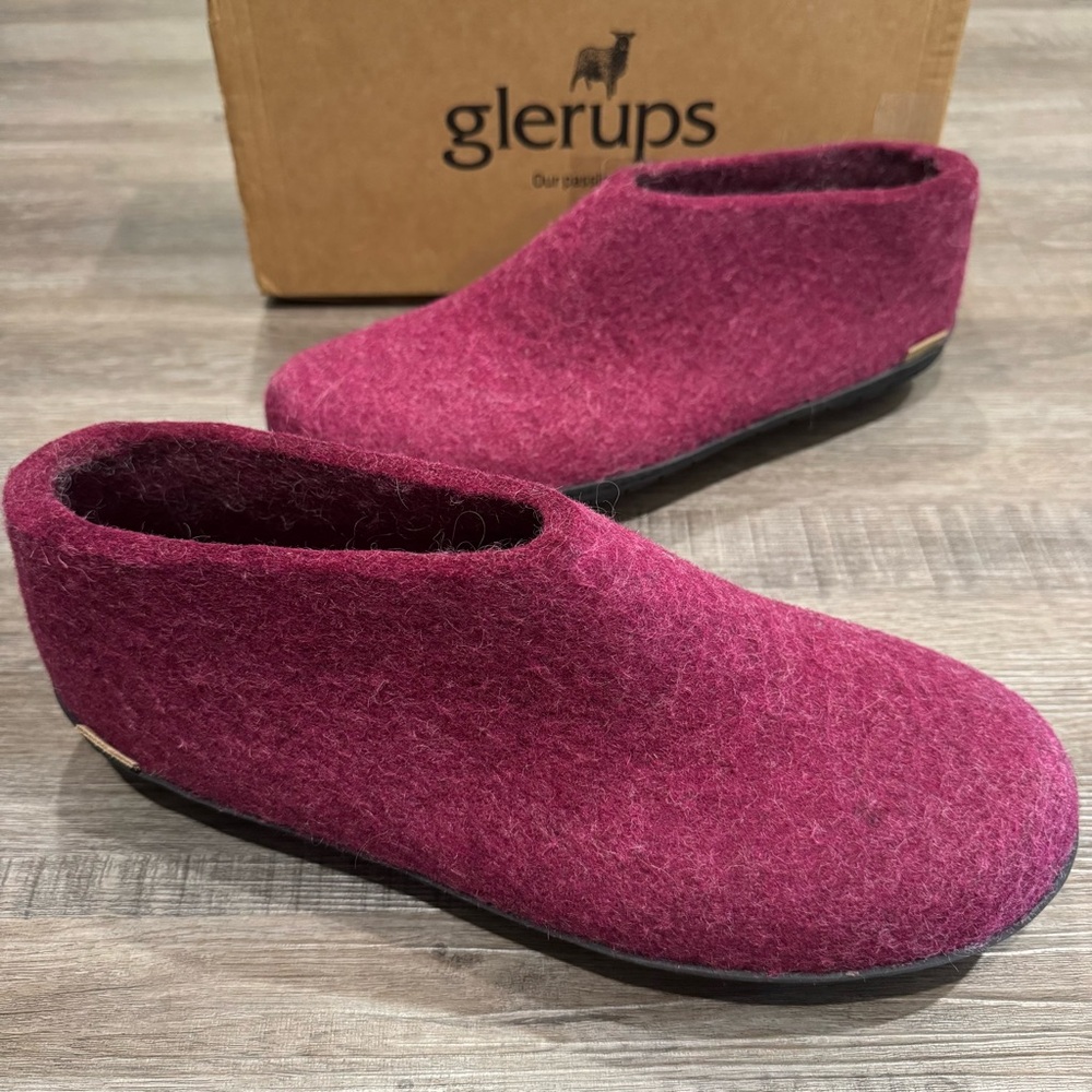 Glerups Cranberry Wool Black Rubber Slip On Slippers